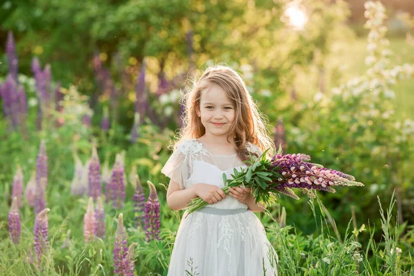 Ritratto Graziosa Bambina Riccia Abito Blu Che Soggiorna Nel Prato — Foto Stock