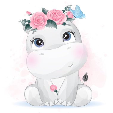 Suluboya resimli şirin bir hipopotam.