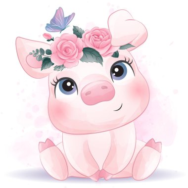 Cute little pig with watercolor illustration clipart