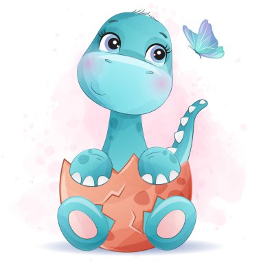 Suluboya resimli şirin bir dinozor.