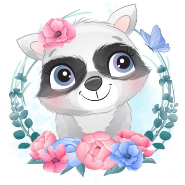 Suluboya resimli şirin bir rakun.