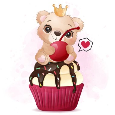 Kekin içinde oturan sevimli küçük ayı.