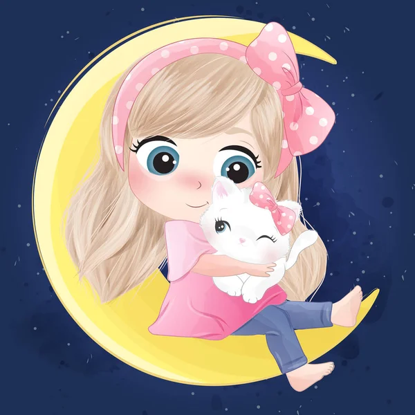 Linda Niña Abrazándose Con Gatito Luna — Archivo Imágenes Vectoriales