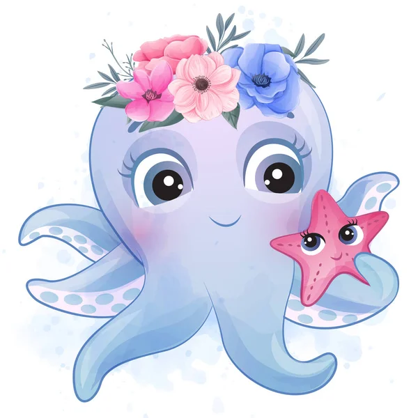 Leuke Kleine Octopus Met Aquarelillustratie — Stockvector