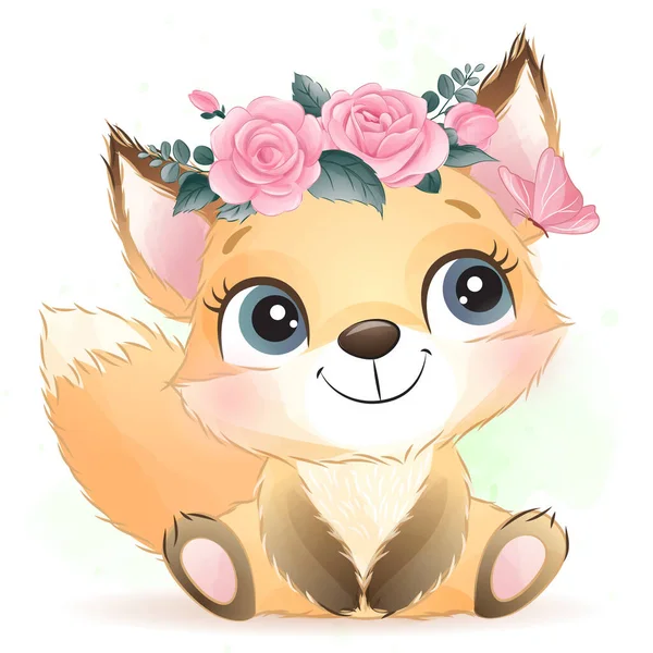 Cute Foxy Kecil Dengan Ilustrasi Cat Air - Stok Vektor