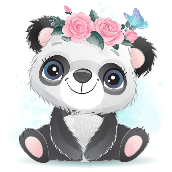 Söt Liten Panda Med Akvarell Illustration — Stock vektor