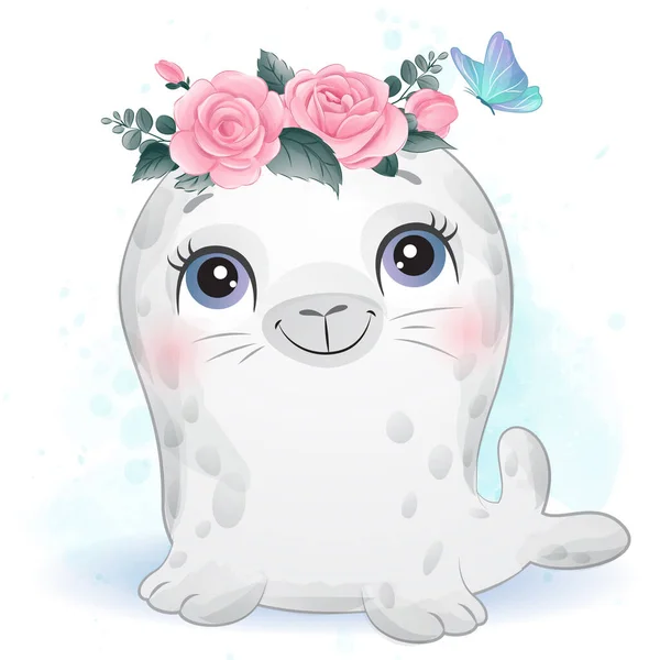 Cute Little Seal Watercolor Illustration — Stock Vector