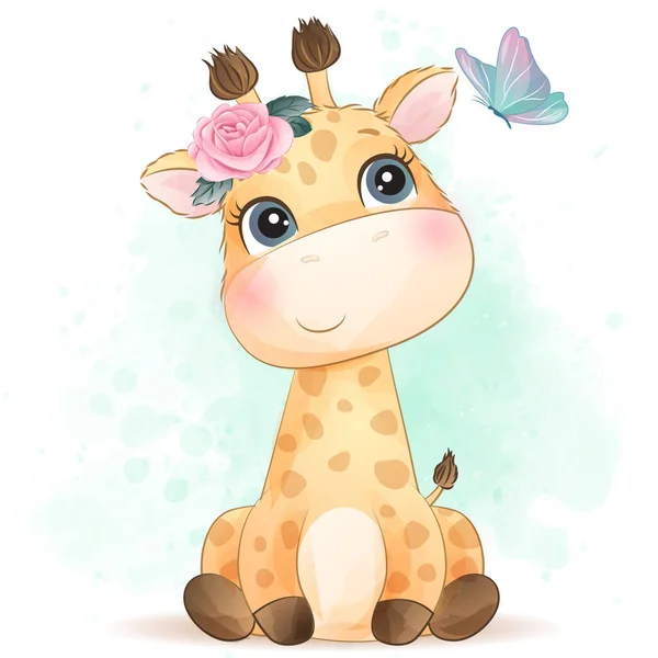 Girafa Pequena Bonito Com Ilustração Aquarela —  Vetores de Stock