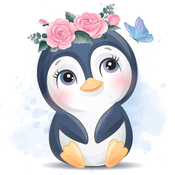 Schattige Kleine Pinguïn Met Aquarel Illustratie — Stockvector