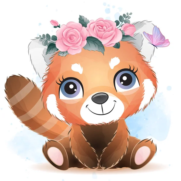 Cute Little Red Panda Watercolor Illustration — Stock Vector