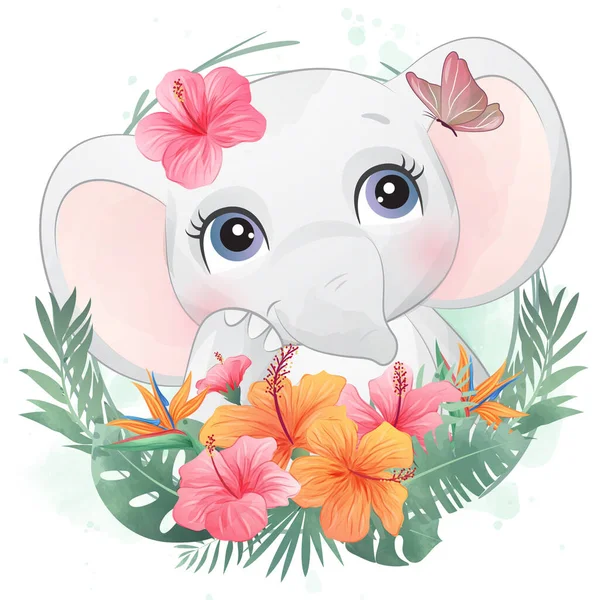 Piccolo Elefante Carino Con Illustrazione Acquerello — Vettoriale Stock