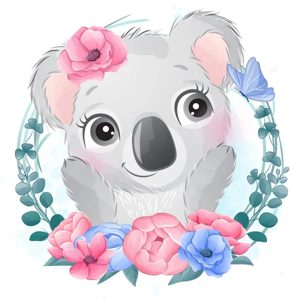 Carino Piccolo Orso Koala Con Illustrazione Acquerello — Vettoriale Stock
