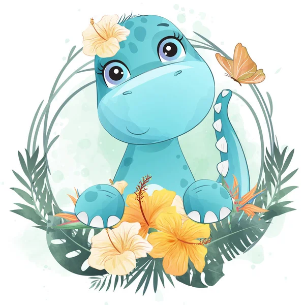 Cute Little Dinosaur Watercolor Illustration — Stock Vector