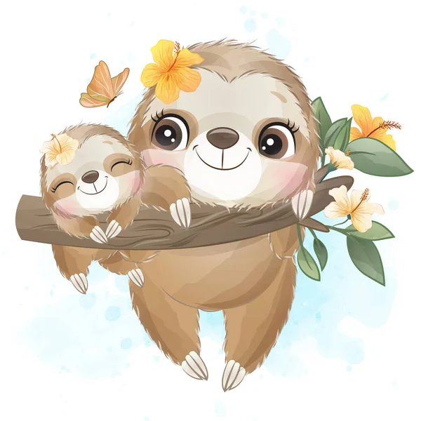 Cute Little Sloth Watercolor Illustration — Stock Vector