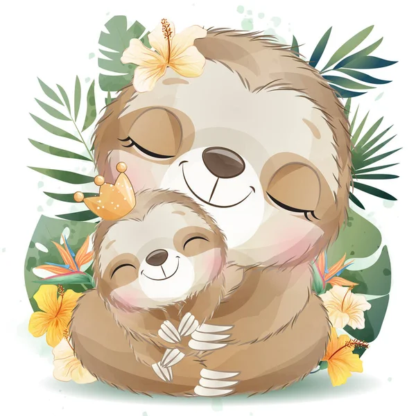 Cute Little Sloth Watercolor Illustration — Stock Vector