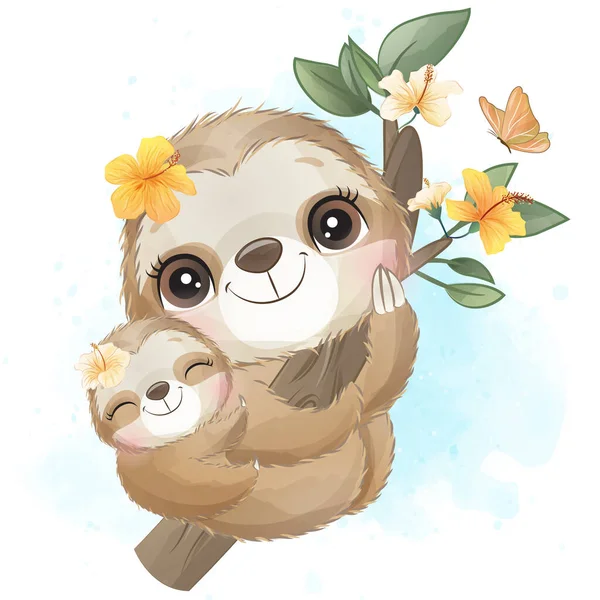 Cute Little Sloth Watercolor Illustration — Stock Vector