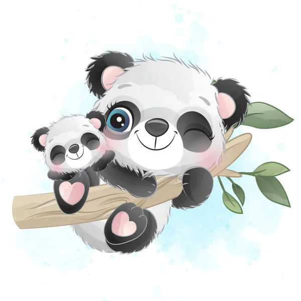Söt Liten Panda Med Akvarell Illustration — Stock vektor