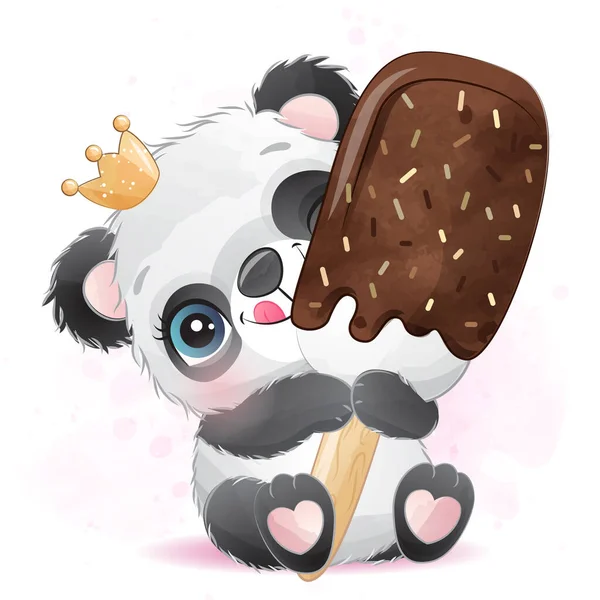 Lindo Panda Pequeño Con Ilustración Acuarela — Vector de stock