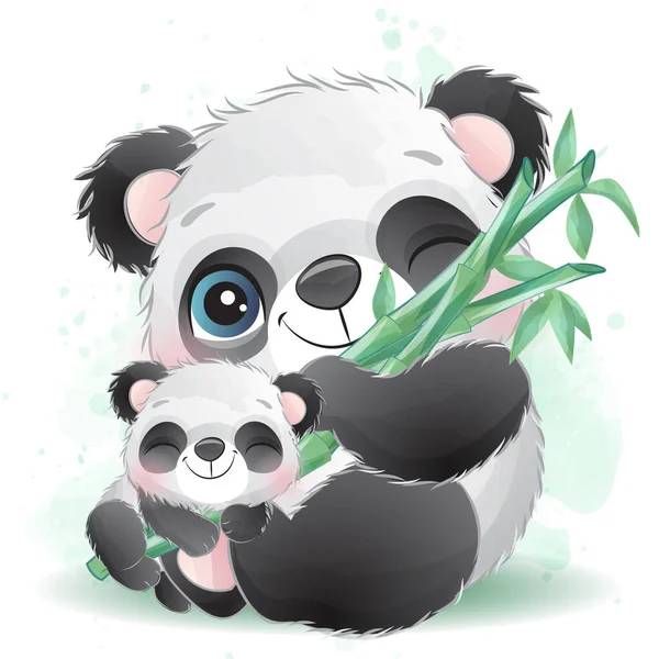 Bonito Pouco Panda Com Aquarela Ilustração — Vetor de Stock