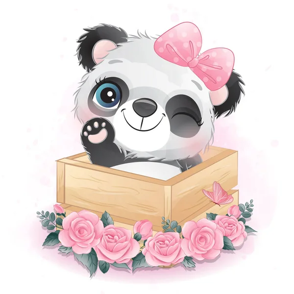 Bonito Pouco Panda Com Aquarela Ilustração — Vetor de Stock