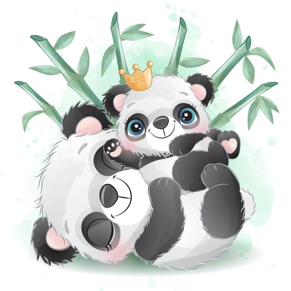 Cute Little Panda Akwarela Ilustracja — Wektor stockowy