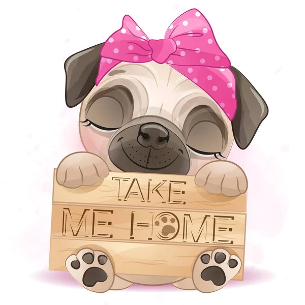 Pug Pequeno Bonito Com Ilustração Aquarela —  Vetores de Stock