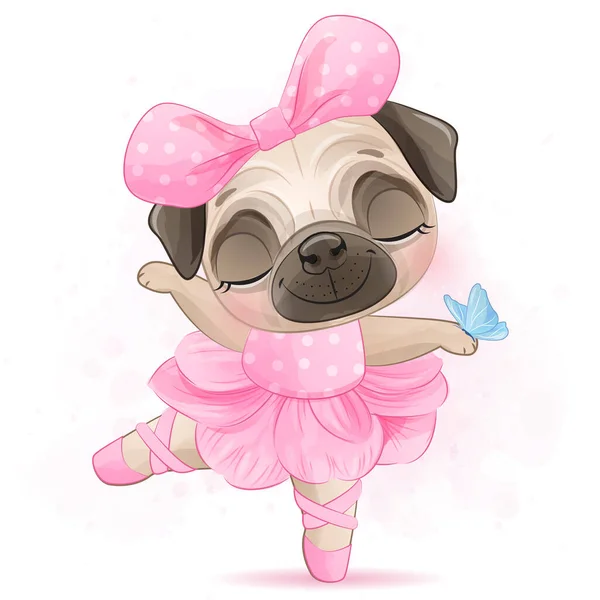 Lindo Pequeño Pug Con Ilustración Acuarela — Vector de stock