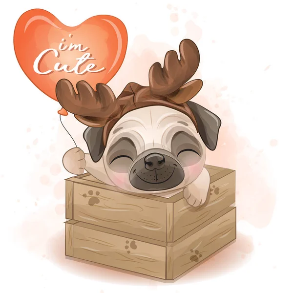 Cute Little Pug Watercolor Illustration — Stock Vector