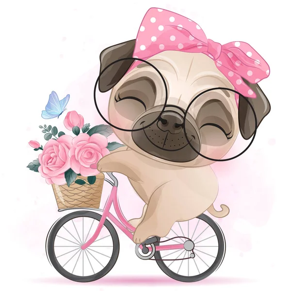 Pug Pequeno Bonito Com Ilustração Aquarela — Vetor de Stock