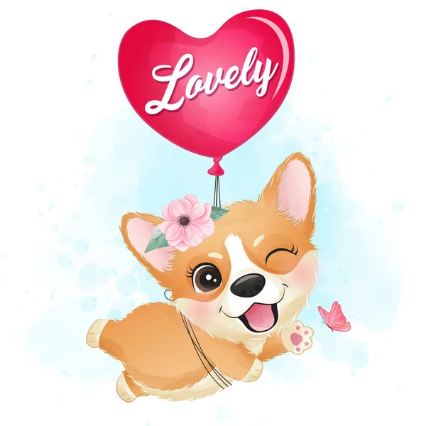 Schattig Klein Corgi Vliegend Met Een Ballon — Stockvector