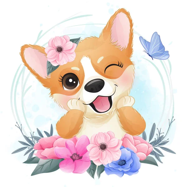 Corgi บภาพวาดดอกไม — ภาพเวกเตอร์สต็อก