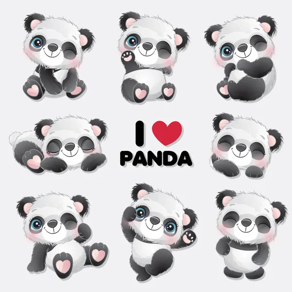 Bonito Pouco Panda Com Aquarela Coleção — Vetor de Stock