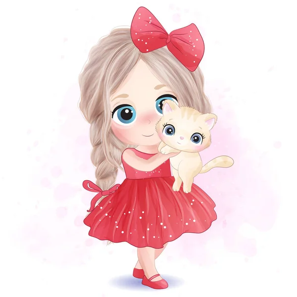 Cute Little Girl Hugging Kitty — Stock Vector