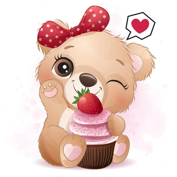 Petit Ours Mignon Avec Cupcake Aux Fraises — Image vectorielle