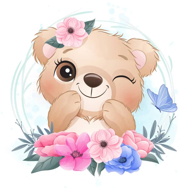 Милий Маленький Ведмідь Квіткою — стоковий вектор