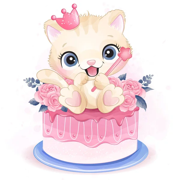 Mignon Petit Chaton Assis Dans Roses Gâteau Illustration — Image vectorielle