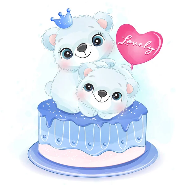 Cute Two Little Polar Bear Sitting Cake Illustration — Stock Vector