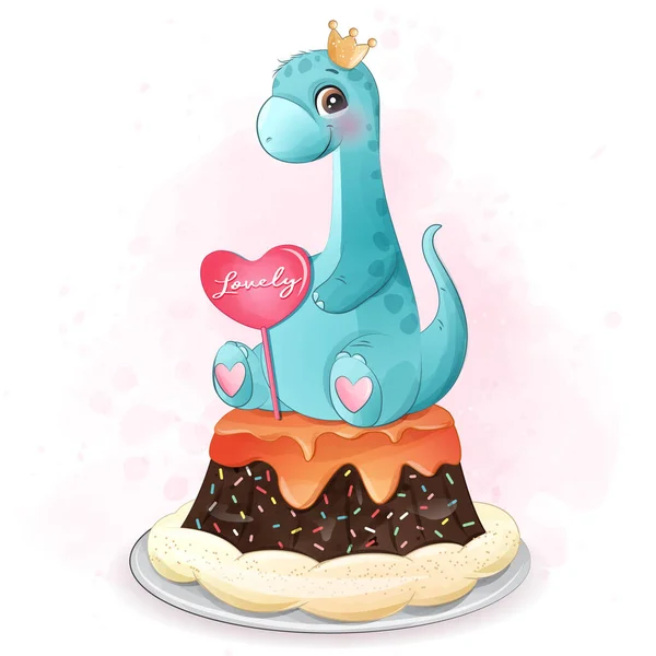 Mignon Dinosaure Assis Dans Illustration Gâteau — Image vectorielle