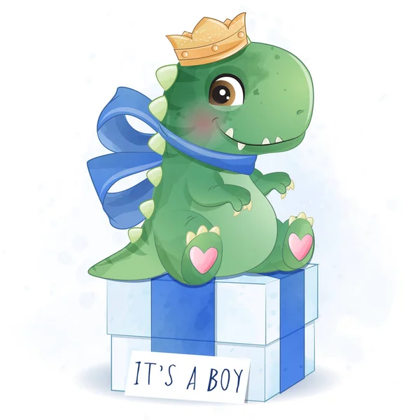 Niedlicher Dinosaurier Sitzt Der Geschenkbox Illustration — Stockvektor