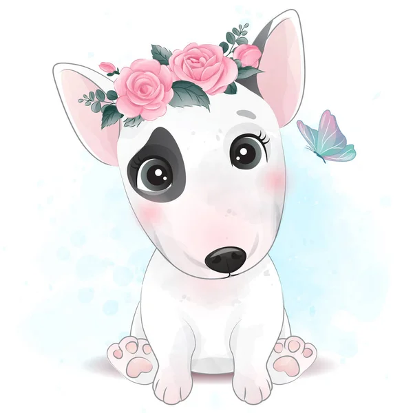 Cão Pequeno Bonito Com Ilustração Floral —  Vetores de Stock