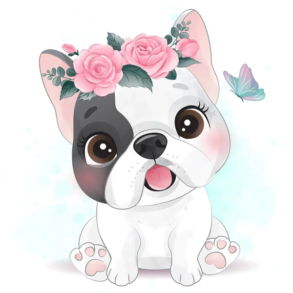 Милий Маленький Собака Квітковою Ілюстрацією — стоковий вектор