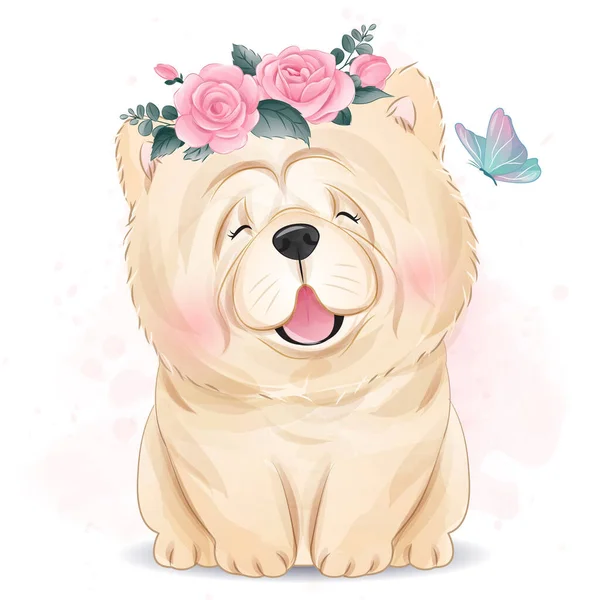 Cão Pequeno Bonito Com Ilustração Floral — Vetor de Stock