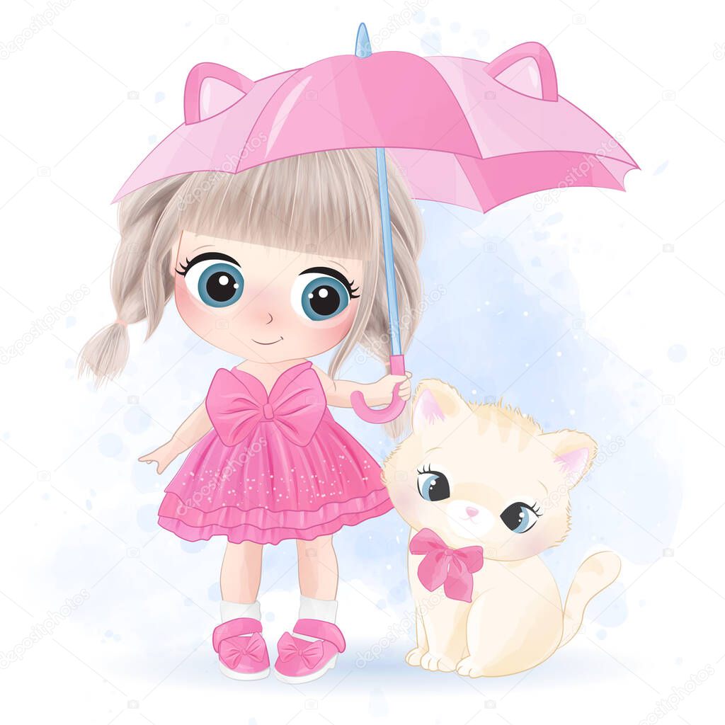 Cute little girl with kitty in the raining day