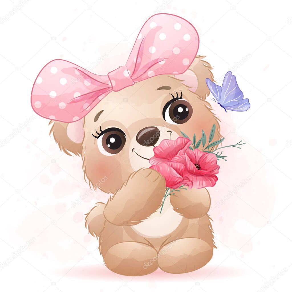 Cute little bear with watercolor illustration