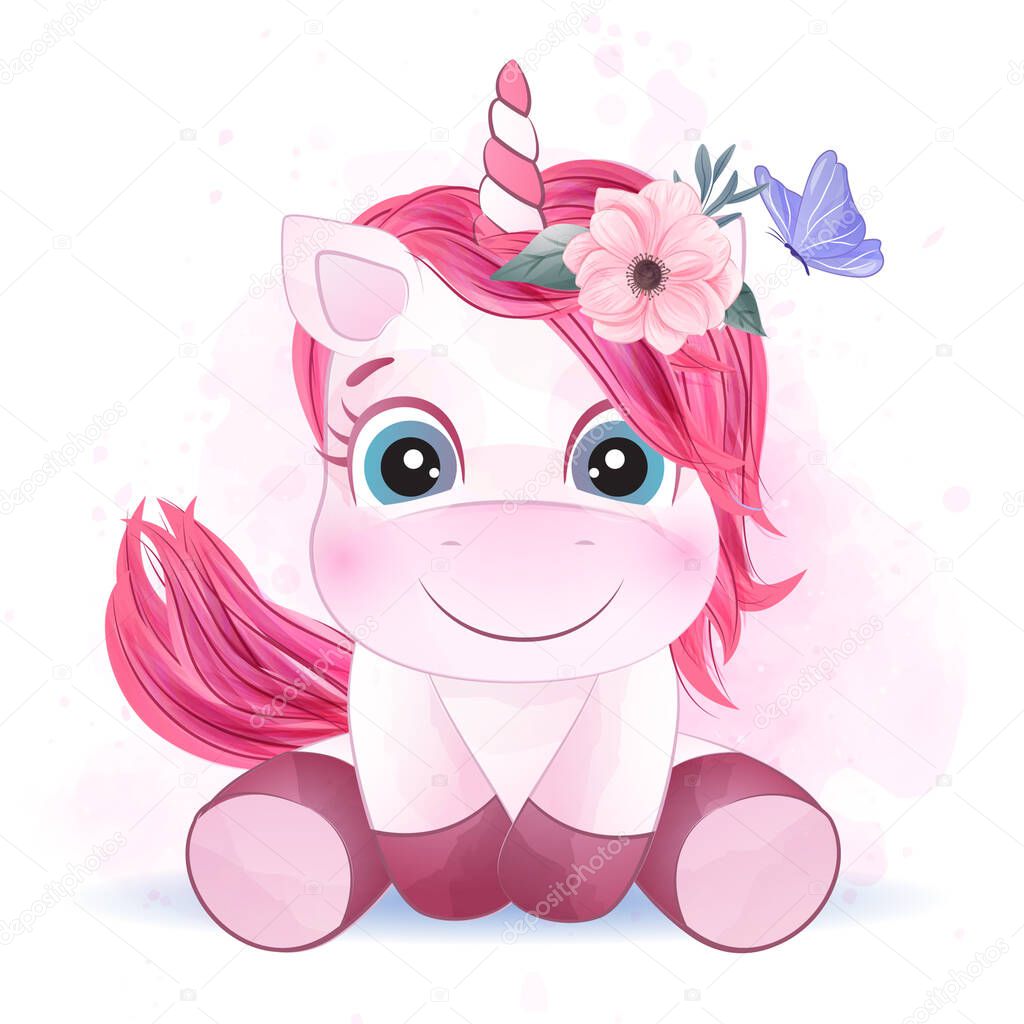 Cute little unicorn with watercolor illustration