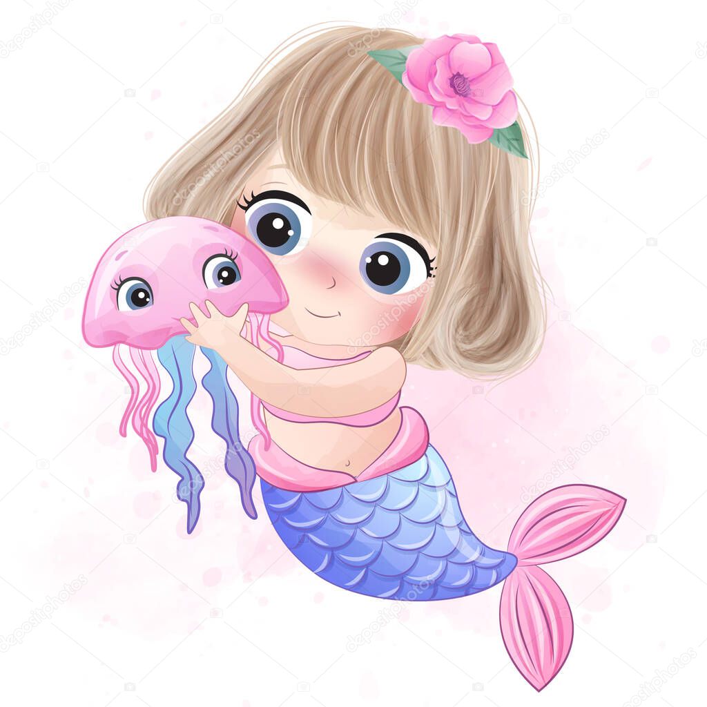 Cute little mermaid hugging a jellyfish