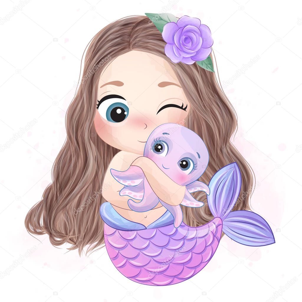 Cute little mermaid hugging a octopus
