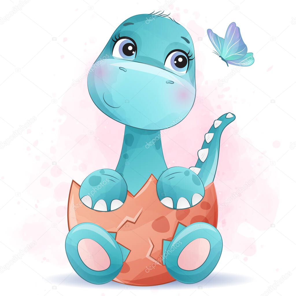 Cute little dinosaur with watercolor illustration