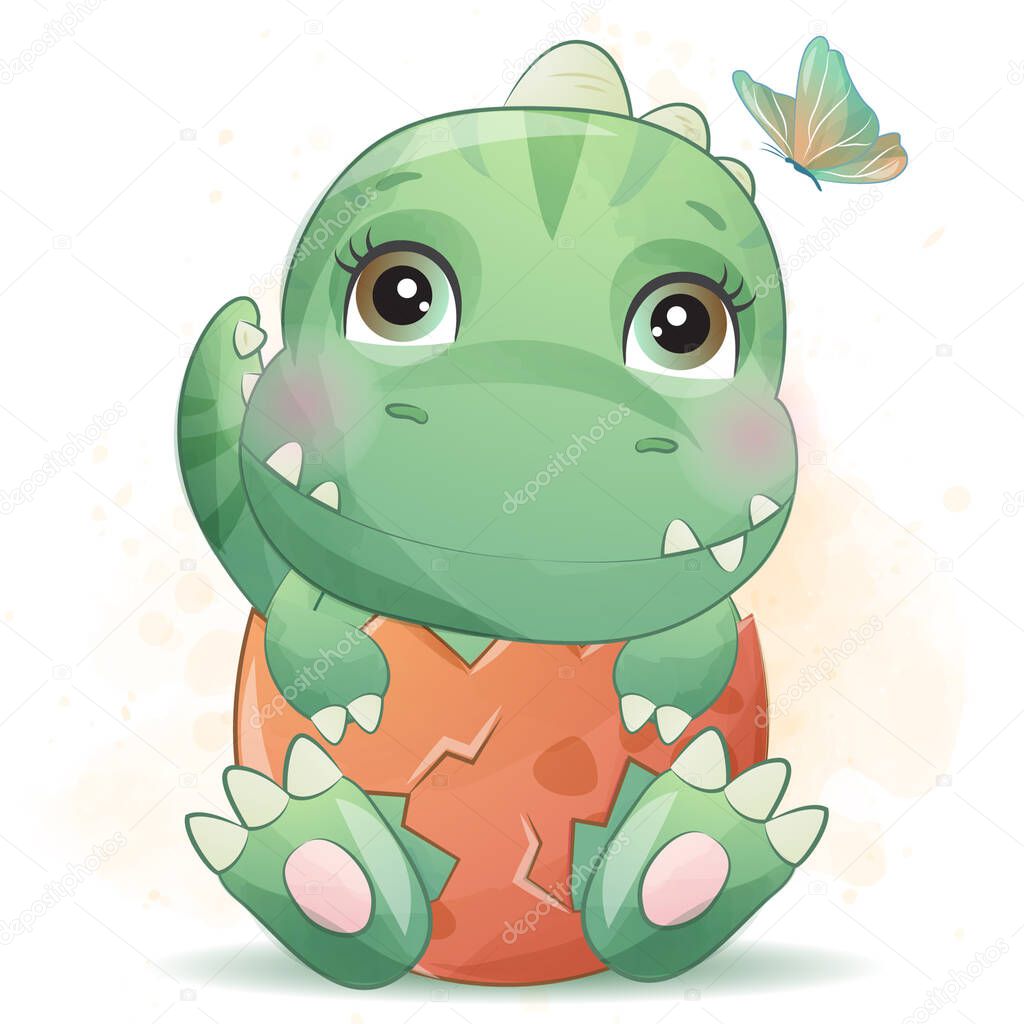Cute little dinosaur with watercolor illustration