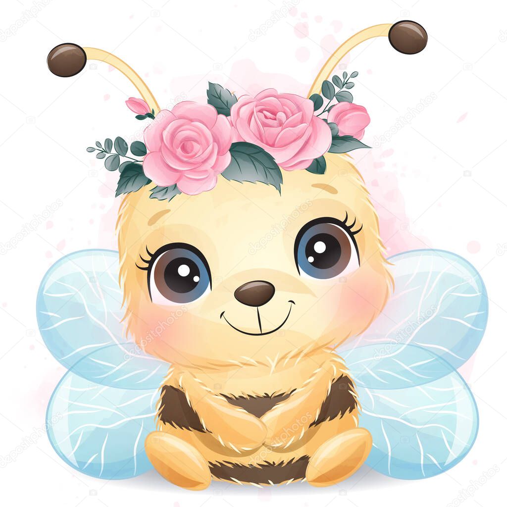 Cute little bee with watercolor illustration